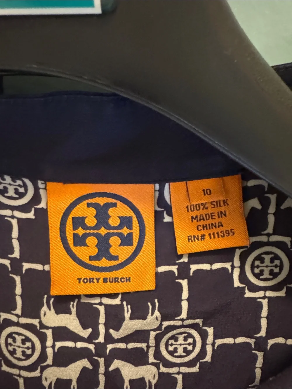 Tory Burch Navy & White Logo-Pattern silk top with Gold Buttons size 10 - Picture 8 of 8